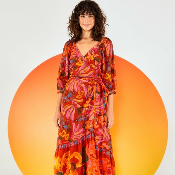 FARM Rio | Dresses | Farm Rio Red Spring Bananas Maxi Dress New With ...